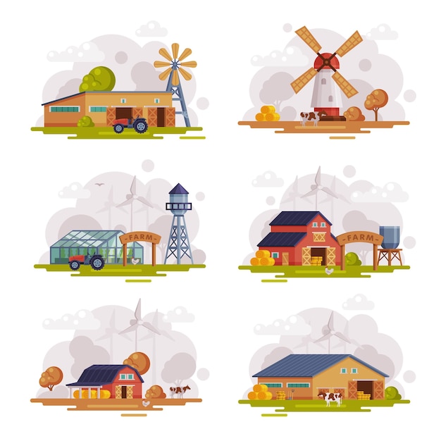 Vector escenas de la granja establezca edificios y objetos del campo en el paisaje rural agricultura y agricultura ilustración vectorial de dibujos animados de concepto