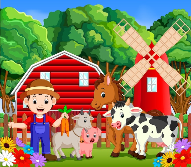 Vector escenas de la granja con muchos animales y granjeros