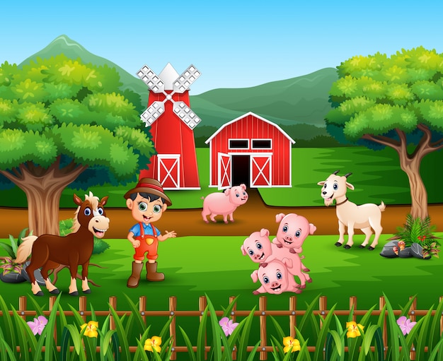 Vector escenas de granja con muchos animales y granjeros.