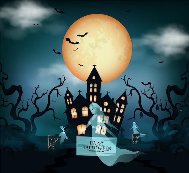 Escenas de Halloween con la silueta de un castillo, una luna brillante y una ilustración de árboles muertos.