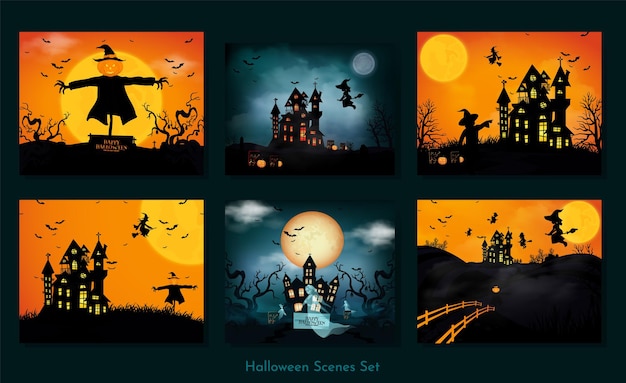 Escenas de halloween con la silueta de un castillo, una luna brillante y una ilustración de árboles muertos.