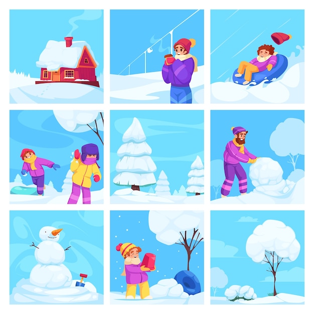 Escenas invernales ambientadas con gente jugando con la nieve.