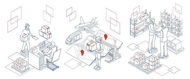Vector escenas isométricas 3d que representan operaciones multimodales de exportación e importación con robots autónomos de entrega