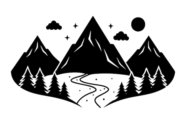Escenas de la naturaleza Ilustración vectorial Montañas Ríos Clipart de dibujos animados y diseño de arte de líneas
