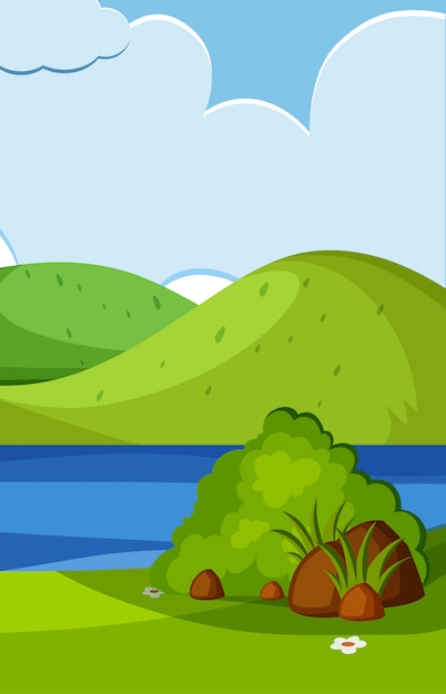 Vector escenas de naturaleza vacía con montaña verde y cielo en blanco