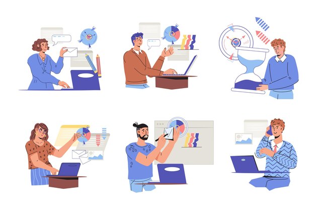 Escenas de negocios con hombres y mujeres que trabajan en casa o en la oficina ilustración de vector de dibujos animados plana aislada sobre fondo blanco Estrategia de desarrollo de análisis de negocios trabajo remoto