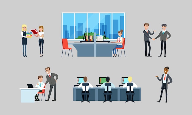 Escenas en la oficina personas de negocios empleados de la oficina trabajando en computadoras reuniéndose y comunicándose