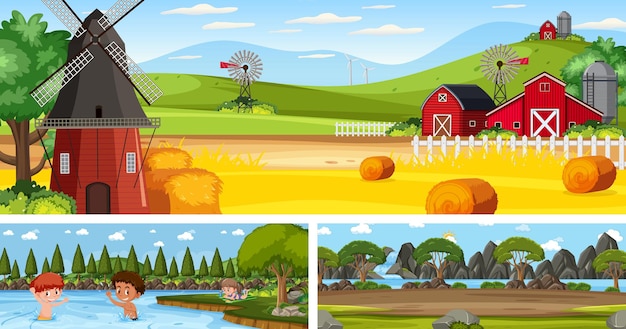 Vector escenas de paisajes panorámicos al aire libre con personaje de dibujos animados
