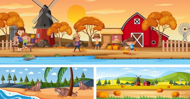 Vector escenas de paisajes panorámicos al aire libre con personaje de dibujos animados