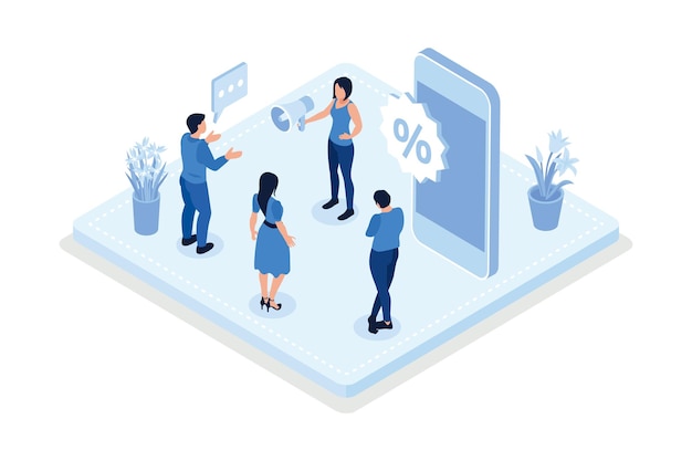 Escenas de promoción de redes sociales. Personajes que ofrecen venta y descuento, vector isométrico moderno