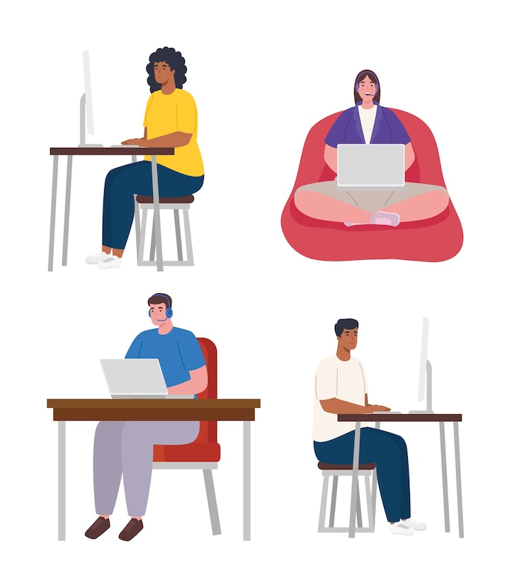 Vector escenas de teletrabajo, jóvenes trabajando desde casa.