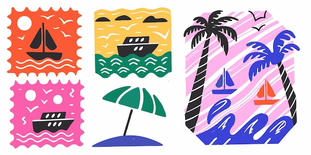 Escenas de verano con barcos palmeras y olas del océano en un estilo plano dibujado a mano