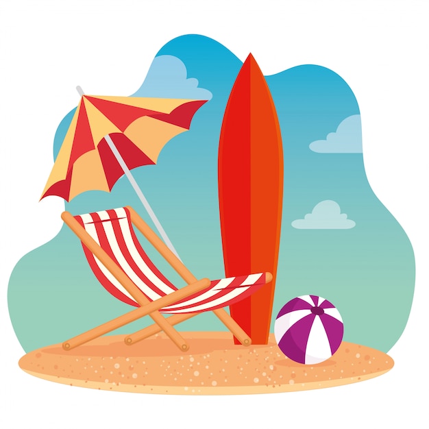 Escenas de verano, silla de playa con sombrilla, tabla de surf y pelota de plástico, en el diseño de ilustración vectorial de playa