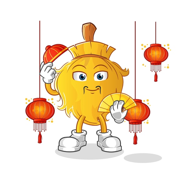 Escoba china con vector de caracteres de ilustración de linternas