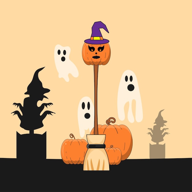La escoba de la fiesta del miedo de Halloween, la calabaza.