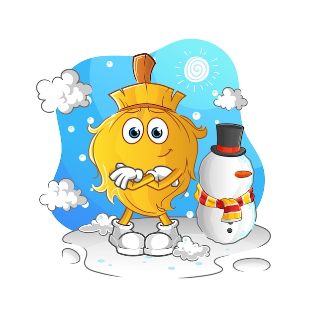 Escoba en vector de mascota de dibujos animados de personaje de invierno frío