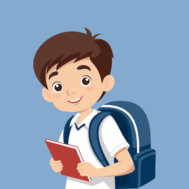 Un escolar alegre con una mochila y un libro