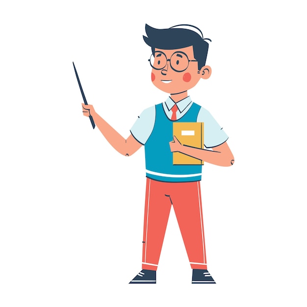 Un escolar explicando la lección mientras sostiene una ilustración vectorial de un libro
