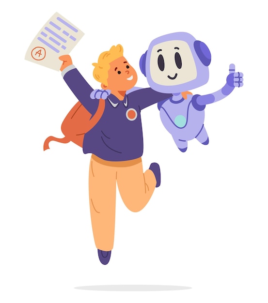 Un escolar feliz abrazando a Ai bot celebrando el éxito en la educación