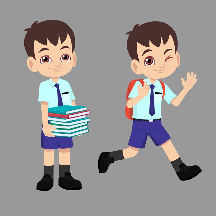 Escolar en uniforme de regreso a la escuela con bolsa y libros
