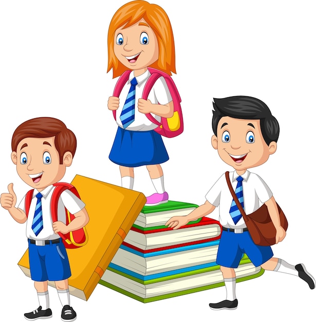 Escolares felices con pila de libros