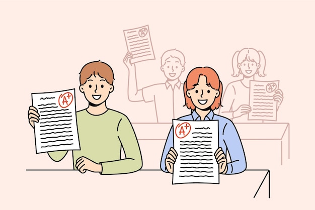 Los escolares inteligentes demuestran excelentes resultados de exámenes sentados en los escritorios en el aula