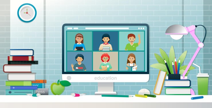 Vector los escolares se saludan a través de internet en las computadoras