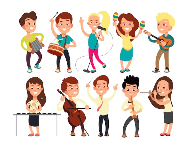 Escolares tocando música en el escenario. Niños músicos realizando show musical.