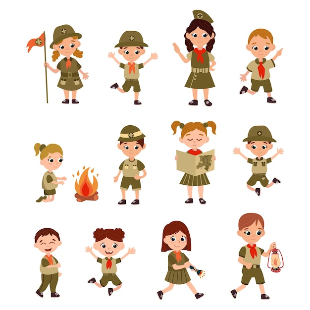 Escolta infantil Conjunto de niños y niñas exploradores en uniforme en diferentes poses Fondo blanco aislado