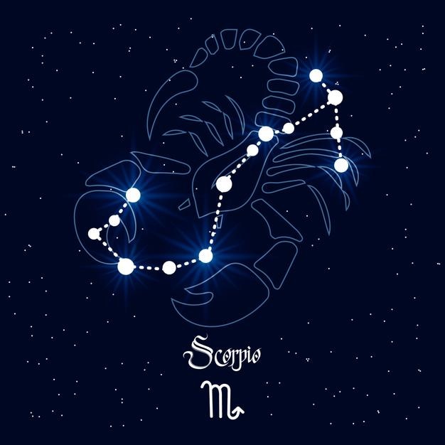 Escorpio, constelación y signo zodiacal en el fondo del universo cósmico. Azul y blanco