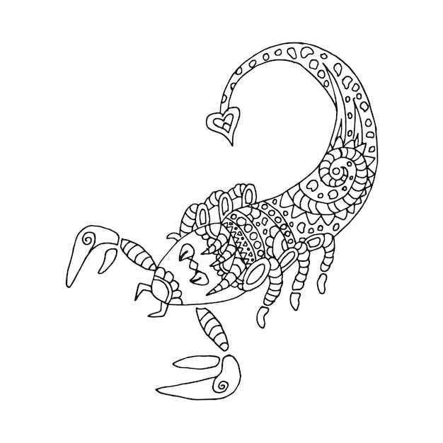 Escorpión dibujado a mano zentangle Adulto antiestrés para colorear página vector ilustración