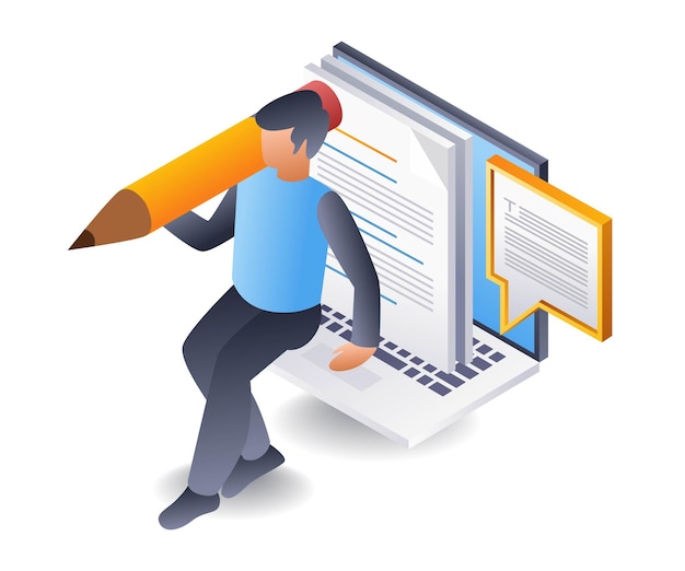 Escribir artículos para el contenido del blogger ilustración isométrica 3D plana