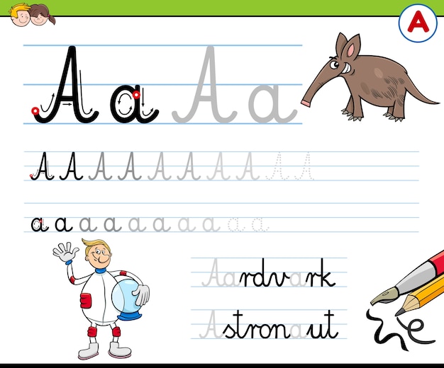 Vector escribir la letra a hoja de trabajo para niños