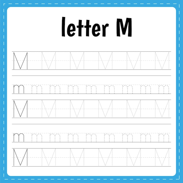 Escribir letras página de rastreo hoja de práctica hoja de trabajo para niños aprende el alfabeto letra m