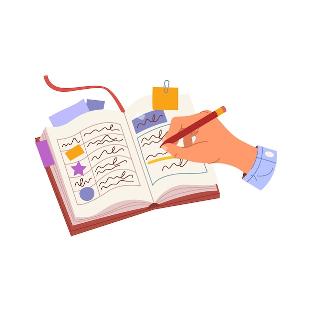 Escribir a mano un plan con una nota vectorial a lápiz o un cuaderno de planificación para planificar el diario del espacio de trabajo o