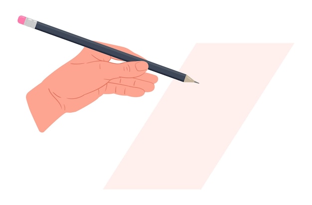 Escribir a mano tomando notas Escritura a mano humana con lápiz firmando documentos o llenando el planificador Ilustración vectorial plana Lápiz en la mano
