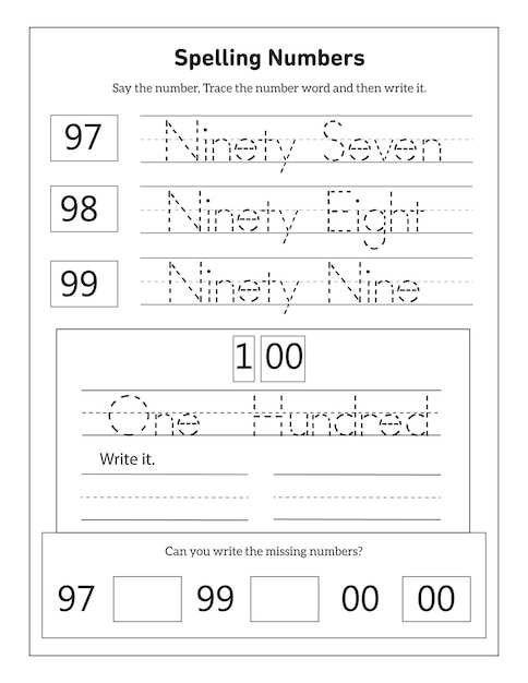 Escribir los números y las palabras numéricas 1100 Hoja de trabajo de actividades para estudiantes de jardín de infantes