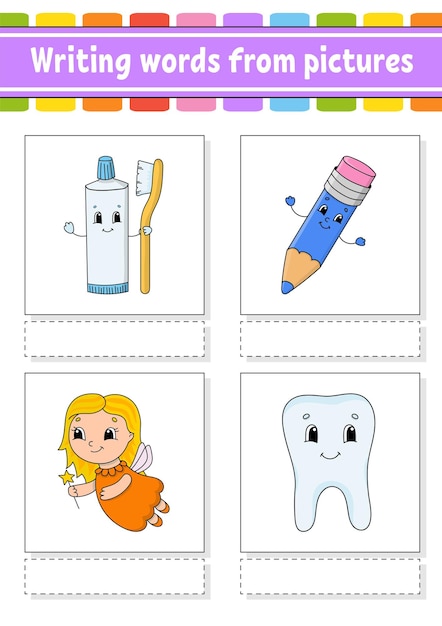 Escribir palabras a partir de imágenes Hoja de trabajo de desarrollo educativo Página de actividades para niños Rompecabezas para niños