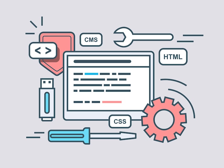 Vector escripto de programación web escript de código de programa algoritmo de codificación html ilustración de vector plano