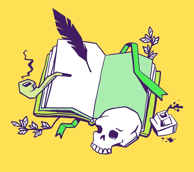 Escritor del concepto de libros. ilustración creativa del libro de apertura en color con marcador, pluma de pájaro, tintero, pipa, cráneo humano sobre fondo amarillo.