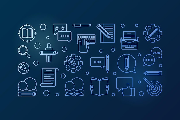 Escritor de contenido azul vector contorno horizontal ilustración o banner