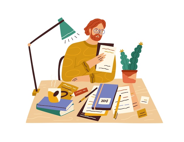 Escritor de novelas en el escritorio con libros y papeles. Autor creativo sentado a la mesa y escribiendo. Editor con gafas trabajando con literatura en el lugar de trabajo. Ilustración de vector plano aislado sobre fondo blanco.