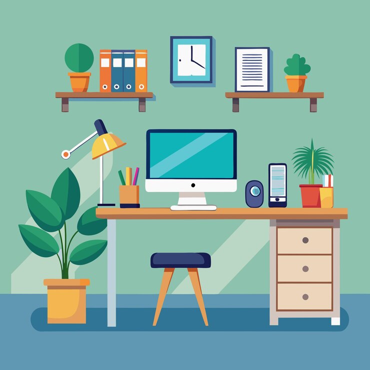 Vector un escritorio de computadora con una computadora y una planta en él