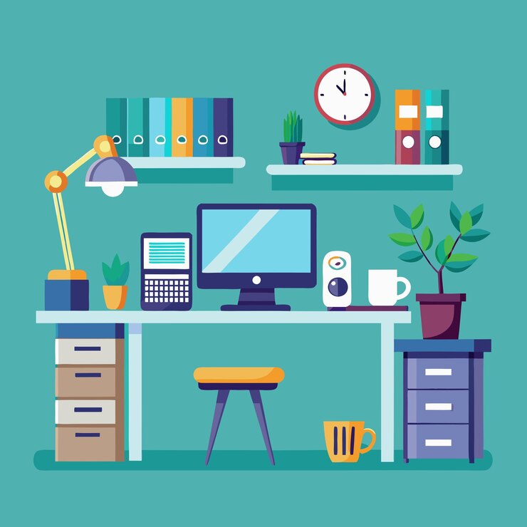 Vector un escritorio de computadora con un fondo verde con un monitor de computadora y un teclado