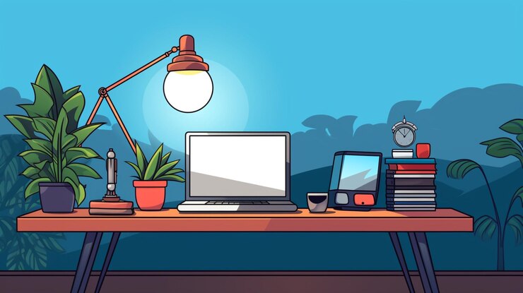 Vector un escritorio de computadora con una lámpara y una computadora portátil en él