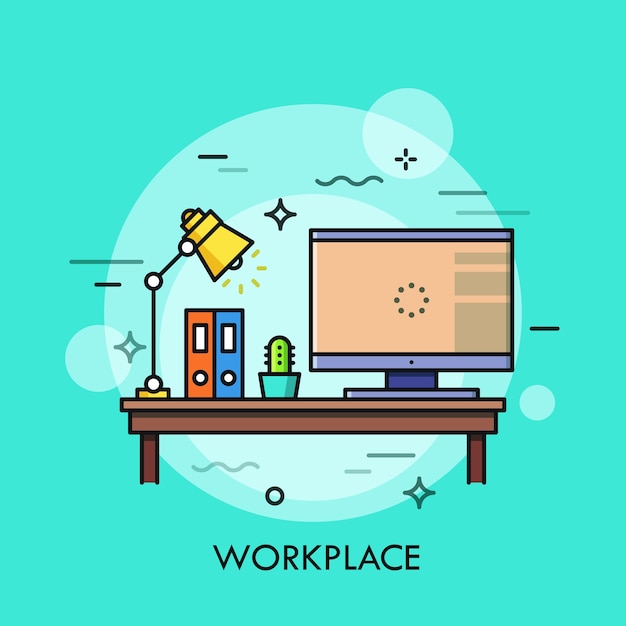Escritorio con computadora personal, lámpara, carpetas de papel y cactus en maceta de pie sobre él. Lugar de trabajo, superficie de trabajo, oficina en casa, concepto independiente.