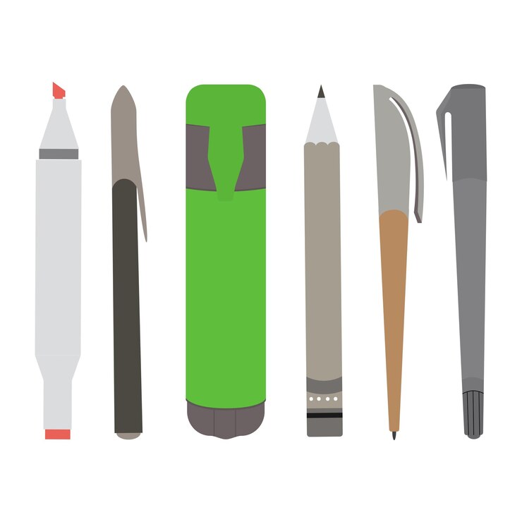 Vector escritorio conjunto de instrumentos de escritura en estilo plano plumas y marcadores en fondo aislado