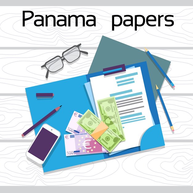 Vector escritorio de documentos de papeles de panama costa afuera