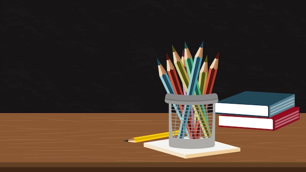 Escritorio de la escuela con lápices, libros y pizarra