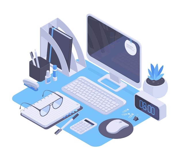 Escritorio independiente de lugar de trabajo isométrico con auriculares de computadora portátil e ilustración de vector de computadora portátil